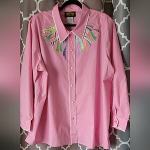Bob Mackie Pink Button-Down Shirt with Multicolor Embroidered Bow Detail